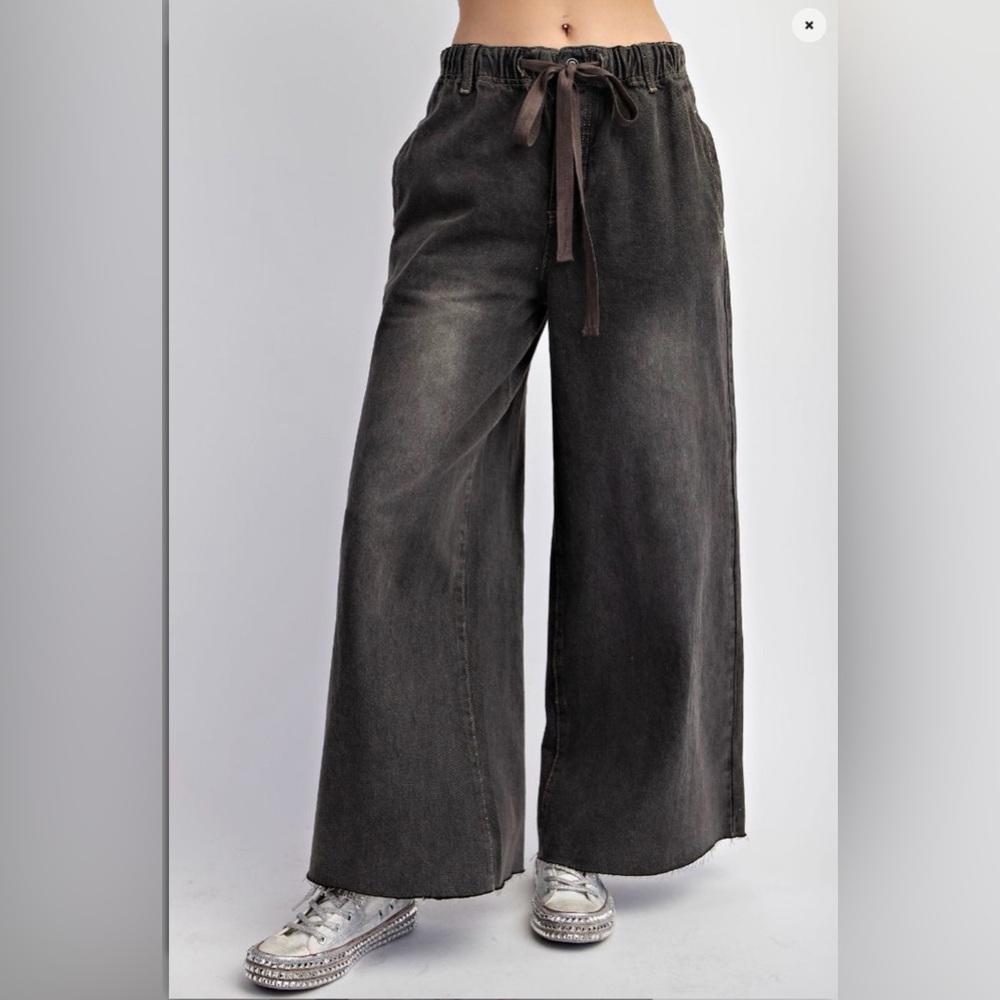 easel Washed Black Wide Leg Drawstring Jeans